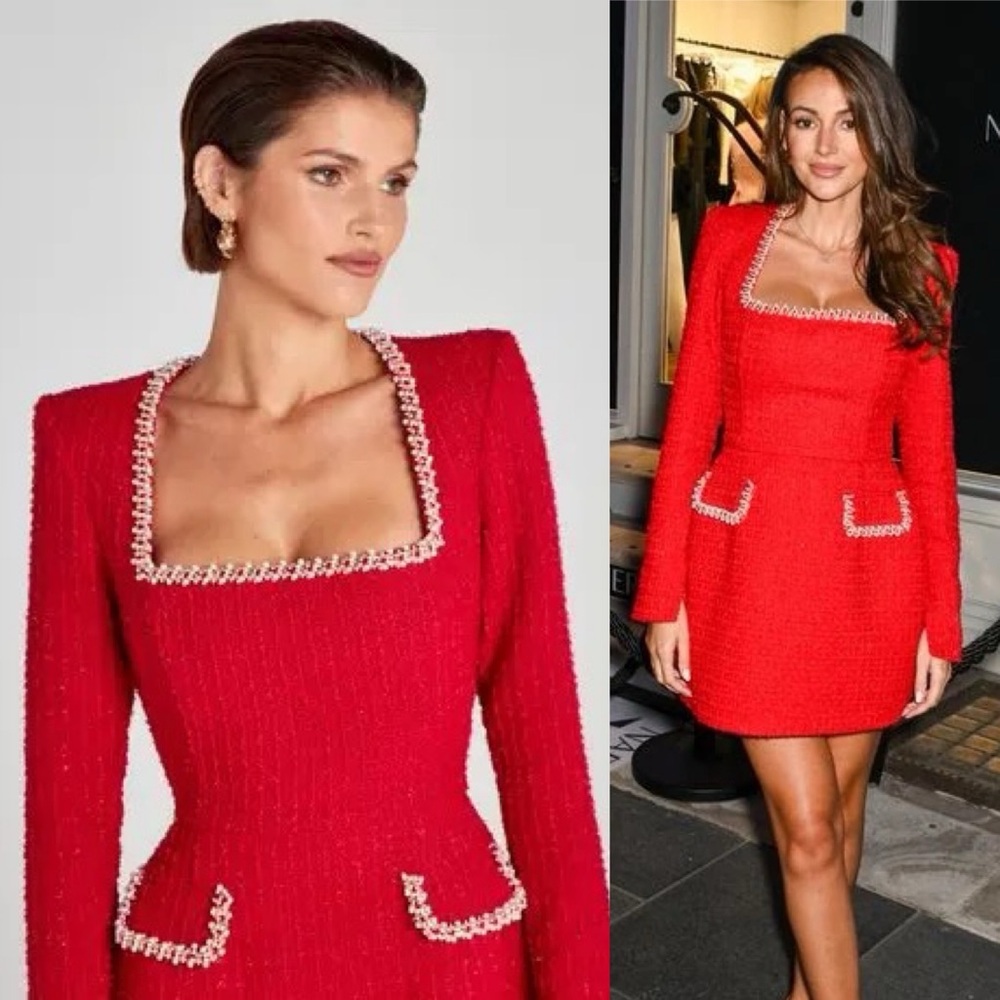 Nadine Merabi Natalie Red Dress in Tweed Fabric and Pearl Detail size XS NWT - Picture 2 of 6